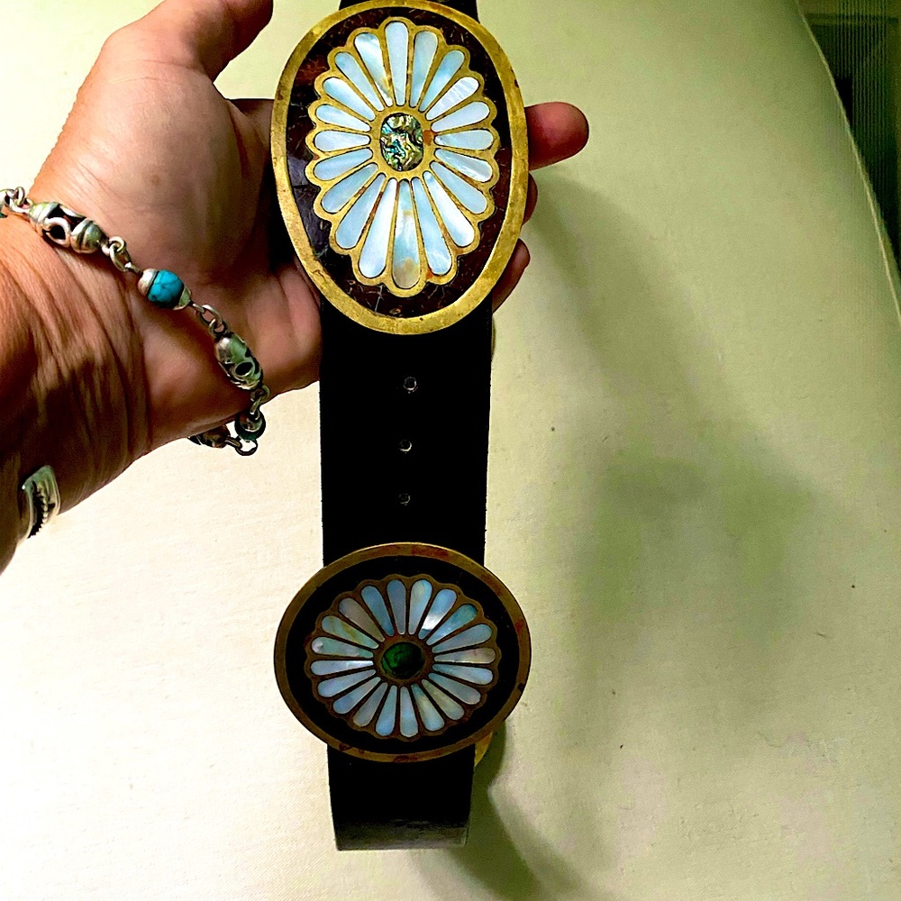 Abalone  mother of Pearl inlaid Leather Vintage Belt southwest boho unisex